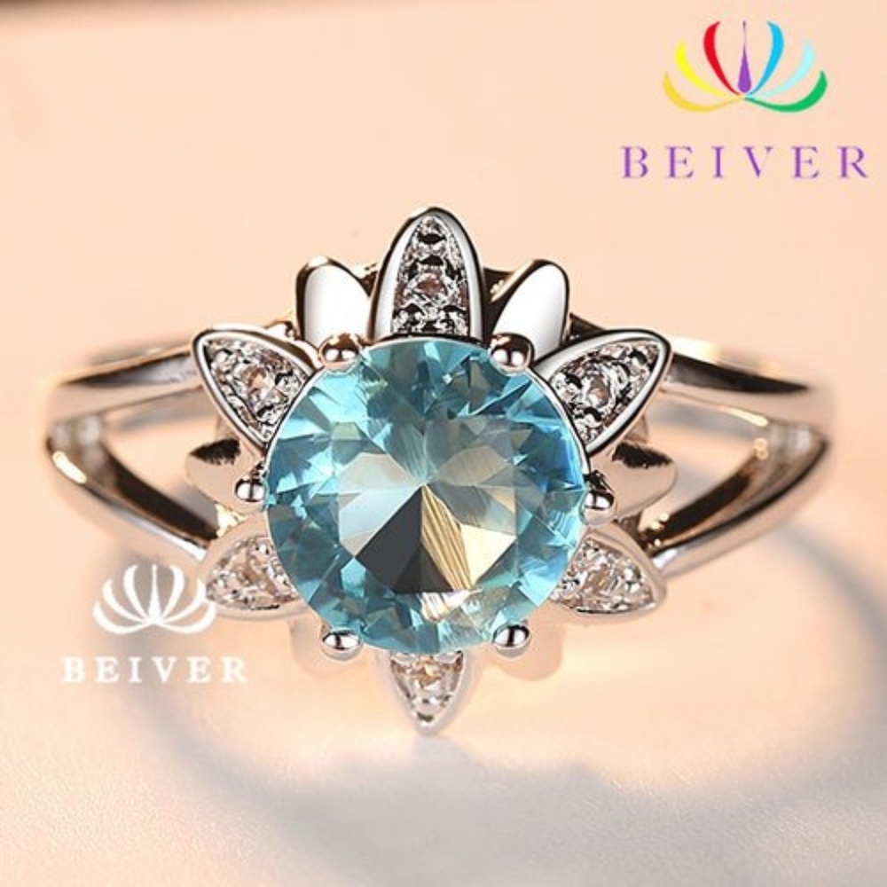 Acid Blue Cubic Zircon Petal Flower Silver Ring 8